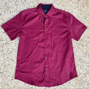 Men’s Vigo Musical Notes Short Sleeve Burgundy Button Down Shirt Size L